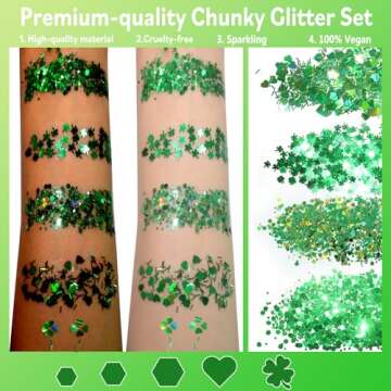 Allstarry Green Body Glitter, 4 Colors Cosmetic Green Face Glitter, Shamrock Face Eyeshadow Makeup H...