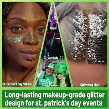 Allstarry Green Body Glitter, 4 Colors Cosmetic Green Face Glitter, Shamrock Face Eyeshadow Makeup Hair and Eye Glitter St Patricks Day Accessories Green Makeup Shamrock Decorations