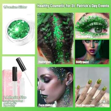 Allstarry Green Body Glitter, 4 Colors Cosmetic Green Face Glitter, Shamrock Face Eyeshadow Makeup Hair and Eye Glitter St Patricks Day Accessories Green Makeup Shamrock Decorations