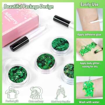 Allstarry Green Body Glitter, 4 Colors Cosmetic Green Face Glitter, Shamrock Face Eyeshadow Makeup Hair and Eye Glitter St Patricks Day Accessories Green Makeup Shamrock Decorations