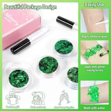 Allstarry Green Body Glitter, 4 Colors Cosmetic Green Face Glitter, Shamrock Face Eyeshadow Makeup Hair and Eye Glitter St Patricks Day Accessories Green Makeup Shamrock Decorations