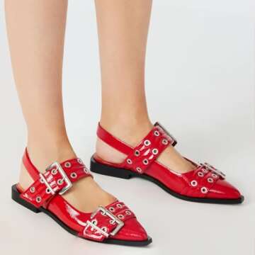 Mingkaigo Women Ballet Buckle Flats Pointed Toe Slingback Flat Casual Ballerina Shoes,Red 8.5