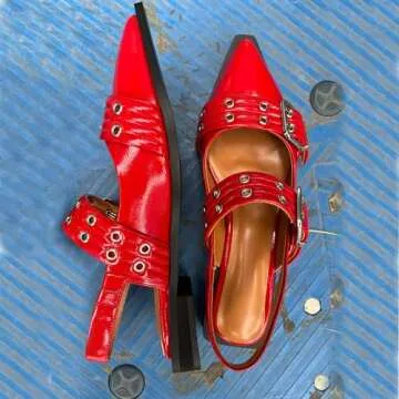 Mingkaigo Women Ballet Buckle Flats Pointed Toe Slingback Flat Casual Ballerina Shoes,Red 8.5