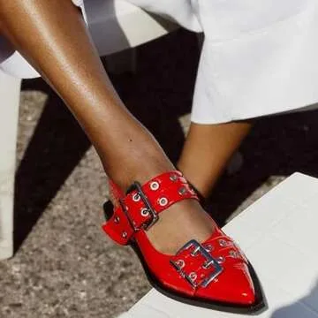 Mingkaigo Women Ballet Buckle Flats Pointed Toe Slingback Flat Casual Ballerina Shoes,Red 8.5