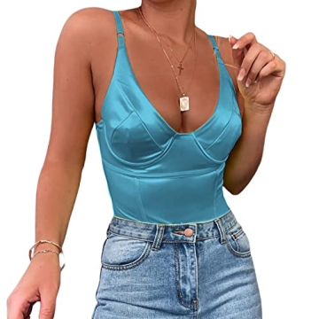 Velius Women's Sexy Deep V Neck Shiny Thong Bodysuit with Underwire in Turquoise