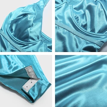 Velius Women's Sexy Deep V Neck Shiny Bodysuit in Turquoise