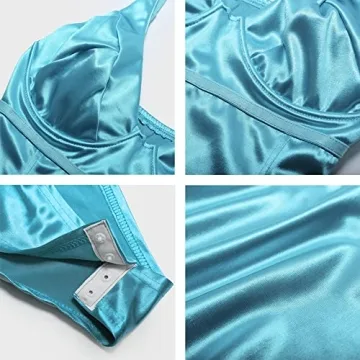 Velius Women's Sexy Deep V Neck Shiny Bodysuit in Turquoise