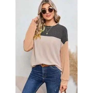 Dokotoo Women's Sweaters Cute Round Neck Knitted Long Sleeve Color Block Spring Tops for Women 2025 Fall Fashion Waffle Knit Shirt Tops Casual Womens Clothes Striped Tunics Blouses Black Small