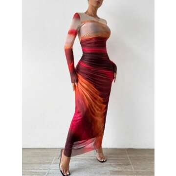 LIGHT DOT Women's Printed Bodycon Long Sleeve Dress (Red Z,S)