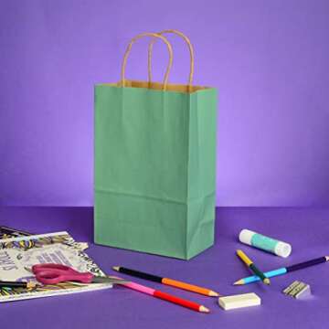 Prime Line Packaging Mini Green Gift Bags with Handles, Holidays, Birthdays, Wedding Favor, Goodies, Retail, Boutiques, Shopping, Bulk, 6x3x9 100 Pack