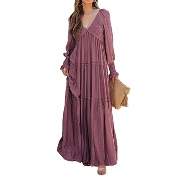 R.Vivimos Maxi Dress for Women Long Sleeve V Neck Empire Waist Layered Ruffle Boho Casual Flowy Long...