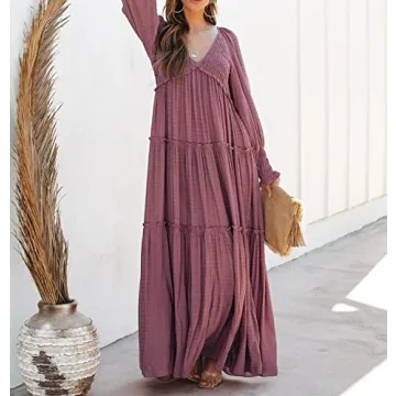 R.Vivimos Maxi Dress for Women Long Sleeve V Neck Empire Waist Layered Ruffle Boho Casual Flowy Long Dresses (X-Large, DarkRose)