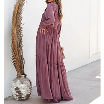 R.Vivimos Maxi Dress for Women Long Sleeve V Neck Empire Waist Layered Ruffle Boho Casual Flowy Long Dresses (X-Large, DarkRose)