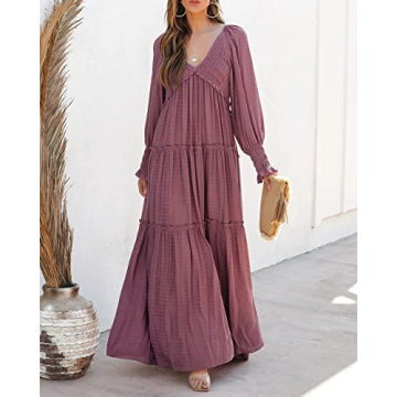 R.Vivimos Maxi Dress for Women Long Sleeve V Neck Empire Waist Layered Ruffle Boho Casual Flowy Long Dresses (X-Large, DarkRose)