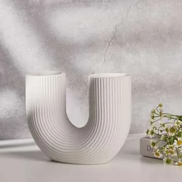 COEAZY U Shaped Ceramic Vases for Home Decor, Nordic Boho Style White Ceramic Fluted Modern Table Fl...