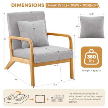 ELUCHANG Mid-Century Modern Chair,Accent Chair with Lumbar Pillow,Upholstered Armchair,Linen Fabric Comfy Reading Chair, Lounge Side Chair for Living Room Bedroom Apartment,Easy Assembly(Grey,2pcs)