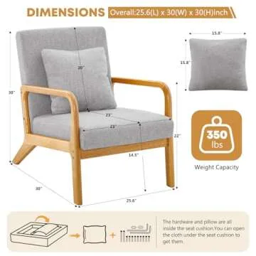 ELUCHANG Mid-Century Modern Chair,Accent Chair with Lumbar Pillow,Upholstered Armchair,Linen Fabric Comfy Reading Chair, Lounge Side Chair for Living Room Bedroom Apartment,Easy Assembly(Grey,2pcs)