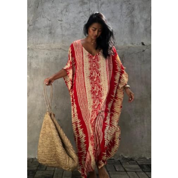 Bsubseach Kaftan Dresses for Women 2025 Plus Size Swimsuit Cover Up Tie Dye Caftan Maxi Dress Loungewear A-red