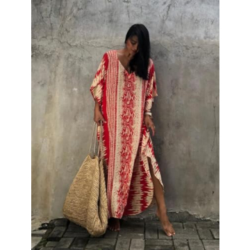 Bsubseach Kaftan Dresses for Women 2025 Plus Size Swimsuit Cover Up Tie Dye Caftan Maxi Dress Loungewear A-red
