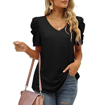 Stylish V-Neck Puff Sleeve T-Shirts for Women