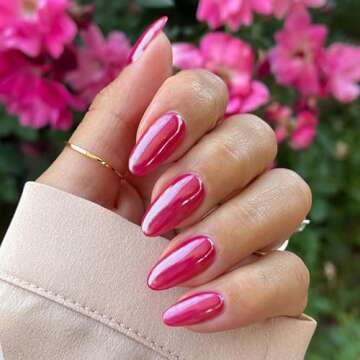 Qsnidy Chrome Press On Nails Almond, Glazed Hot Pink Round Press On Nails Medium Glue on Nails, Acry...