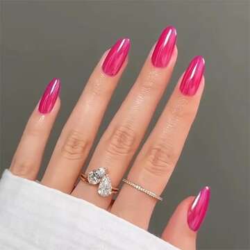 Qsnidy Chrome Press On Nails Almond, Glazed Hot Pink Round Press On Nails Medium Glue on Nails, Acrylic Natural Fit Stick on Nails in 12 Sizes - 24 Fake Nails Kit for Women Daily & Party Wear