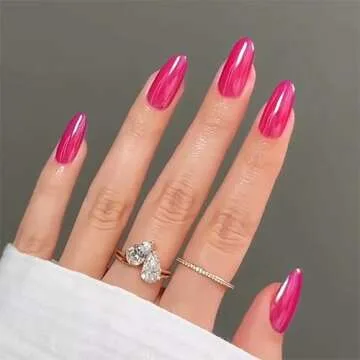 Qsnidy Chrome Press On Nails Almond, Glazed Hot Pink Round Press On Nails Medium Glue on Nails, Acrylic Natural Fit Stick on Nails in 12 Sizes - 24 Fake Nails Kit for Women Daily & Party Wear