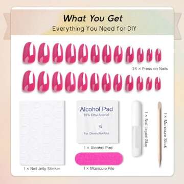 Qsnidy Chrome Press On Nails Almond, Glazed Hot Pink Round Press On Nails Medium Glue on Nails, Acrylic Natural Fit Stick on Nails in 12 Sizes - 24 Fake Nails Kit for Women Daily & Party Wear