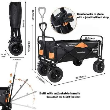 Foldable Wagon Cart Collapsible Beach Heavy Duty 330LBS Weight Capacity Folding Utility Garden Carts with Big All-Terrain Sand Wheels for Travel, Camping, Picnic, Sports, Black
