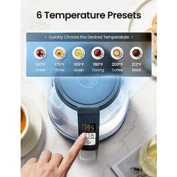 COMFEE' 1.7L Glass Tea Kettle and Kettle Water Boiler - Electric Kettle Temperature Control with 6 P...