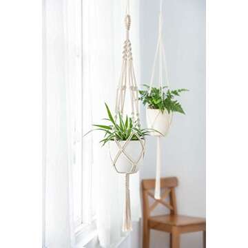 Mkono Macrame Plant Hangers with Pots Indoor Set of 2 Hanging Planters Holder 6.5 Inch Plastic Planter Included Self Watering Hanging Pots for Plants with Saucers & Perforated Insert, 41 Inch