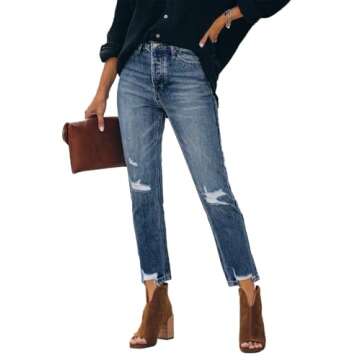 Lesore Womens Winter High Rise Boyfriend Ripped Distressed Capri Jeans