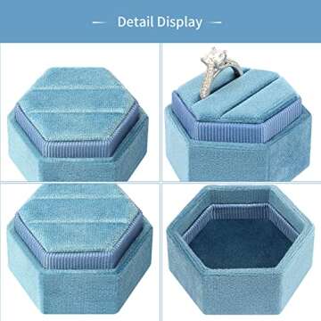 DesignSter Hexagon Velvet Ring Bearer Box - Premium Gorgeous Vintage Double Ring Display Holder with Detachable Lid for Proposal, Engagement, Wedding, Ceremony (Dark Blue)