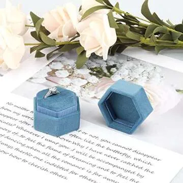 DesignSter Hexagon Velvet Ring Bearer Box - Premium Gorgeous Vintage Double Ring Display Holder with Detachable Lid for Proposal, Engagement, Wedding, Ceremony (Dark Blue)