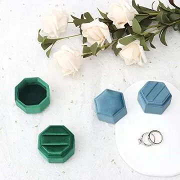 DesignSter Hexagon Velvet Ring Bearer Box - Premium Gorgeous Vintage Double Ring Display Holder with Detachable Lid for Proposal, Engagement, Wedding, Ceremony (Dark Blue)