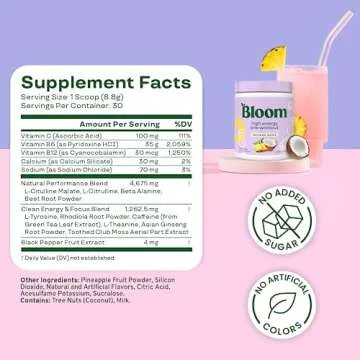 Bloom Nutrition High Energy Pre Workout Powder, Amino Energy with Beta Alanine, Ginseng & L Tyrosine, Natural Caffeine Powder from Green Tea Extract, Sugar Free & Keto Drink Mix (Bahama Mama)