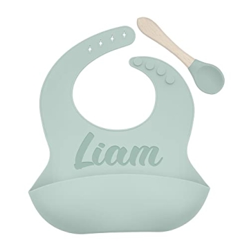 Personalized Silicone Bib and Spoon Set with Debossed Custom Name, Babies/Toddlers Durable Adjustabl...