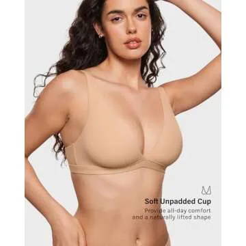 INLYRIC Women's Inbarely Soft Plunge Bralette - Deep V Unlined Triangle No Padding No Underwire Sexy Comfort Sleep Bra Warm Beige Medium