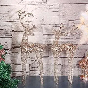 ZHANYIGY 2pc Set White Pearl Champagne Winding for Standing Reindeer Decorations Christmas Reindeer Figurine Table Desk Decorations Glittering Xmas Holiday Party Supply