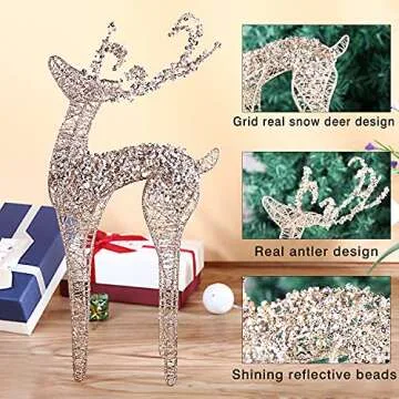 ZHANYIGY 2pc Set White Pearl Champagne Winding for Standing Reindeer Decorations Christmas Reindeer Figurine Table Desk Decorations Glittering Xmas Holiday Party Supply