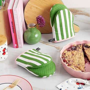 Kate Spade New York Botanical Stripe Mini Oven Mitt 2-Pack Set, 5.5" x 8", Green/Pink