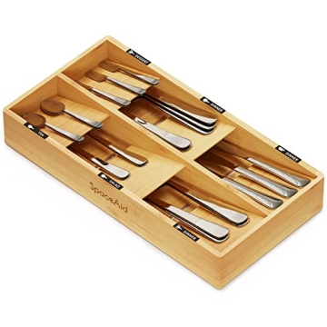 SpaceAid Bamboo Silverware Drawer Organizer with Labels, Kitchen Utensil Tray Holder Organizer for F...