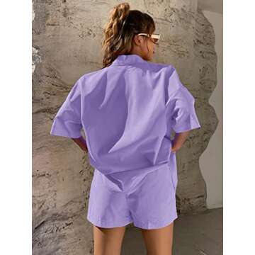 MakeMeChic Women's Casual 2 Piece Outfits Short Sleeve Button Down Shirt and Shorts Set Lilac Purple...