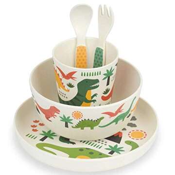 Petit Collage Dinosaurs Bamboo 5-Piece Toddler Dinnerware Set, Includes a Kid’s Plate, Bowl for Ki...