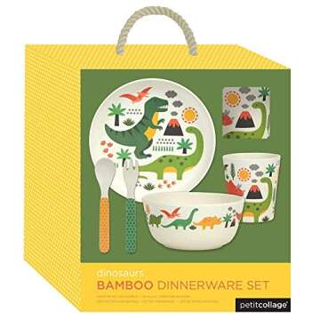 Petit Collage Dinosaurs Bamboo 5-Piece Toddler Dinnerware Set, Includes a Kid’s Plate, Bowl for Kids, Kid’s Cup and Kid’s Silverware Set – Hot & Cold Foods/Liquids – Bamboo Dinnerware Set for Ages 3+