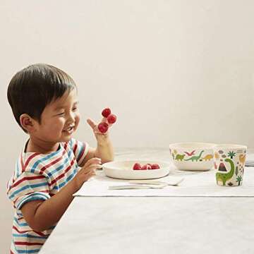 Petit Collage Dinosaurs Bamboo 5-Piece Toddler Dinnerware Set, Includes a Kid’s Plate, Bowl for Kids, Kid’s Cup and Kid’s Silverware Set – Hot & Cold Foods/Liquids – Bamboo Dinnerware Set for Ages 3+