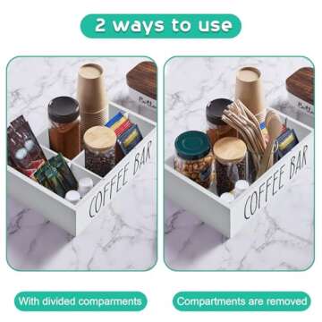 ALELION White Coffee Station Organizer with Removable Dividers - Wood Coffee Bar Accessories Organiz...