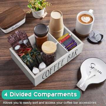 ALELION White Coffee Station Organizer with Removable Dividers - Wood Coffee Bar Accessories Organizer for Countertop - Coffee Pod Holder Storage Basket for K Cup Sugar Tea