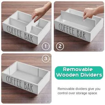 ALELION White Coffee Station Organizer with Removable Dividers - Wood Coffee Bar Accessories Organizer for Countertop - Coffee Pod Holder Storage Basket for K Cup Sugar Tea