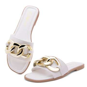 Shoe Land EMMA Women’s Flat Sandals Square Open Toe Single Band Slides Black White Flat Sandals Wi...